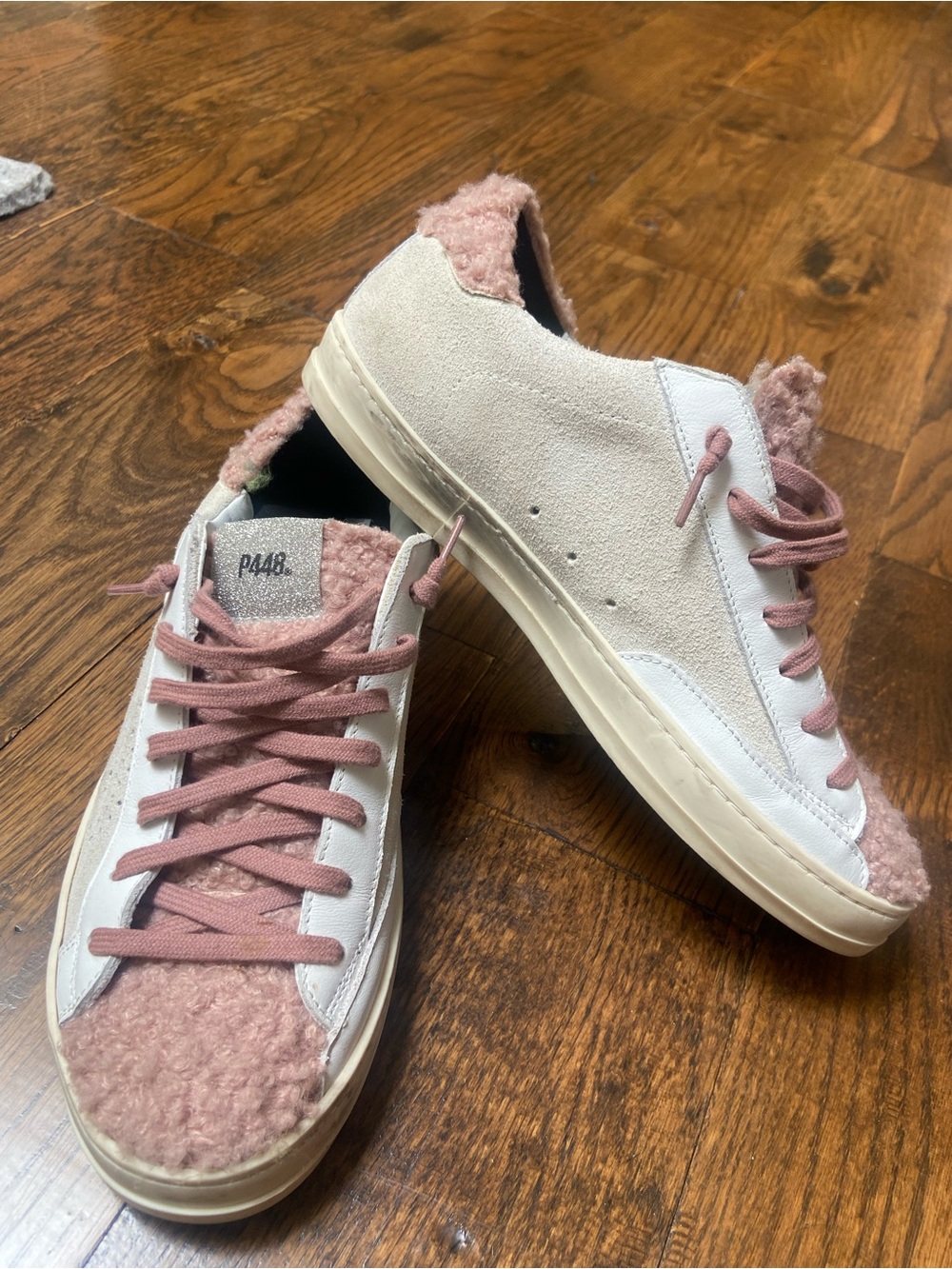 P448 Women’s Cream Suede & White Leather Sneakers with Pink Shearling